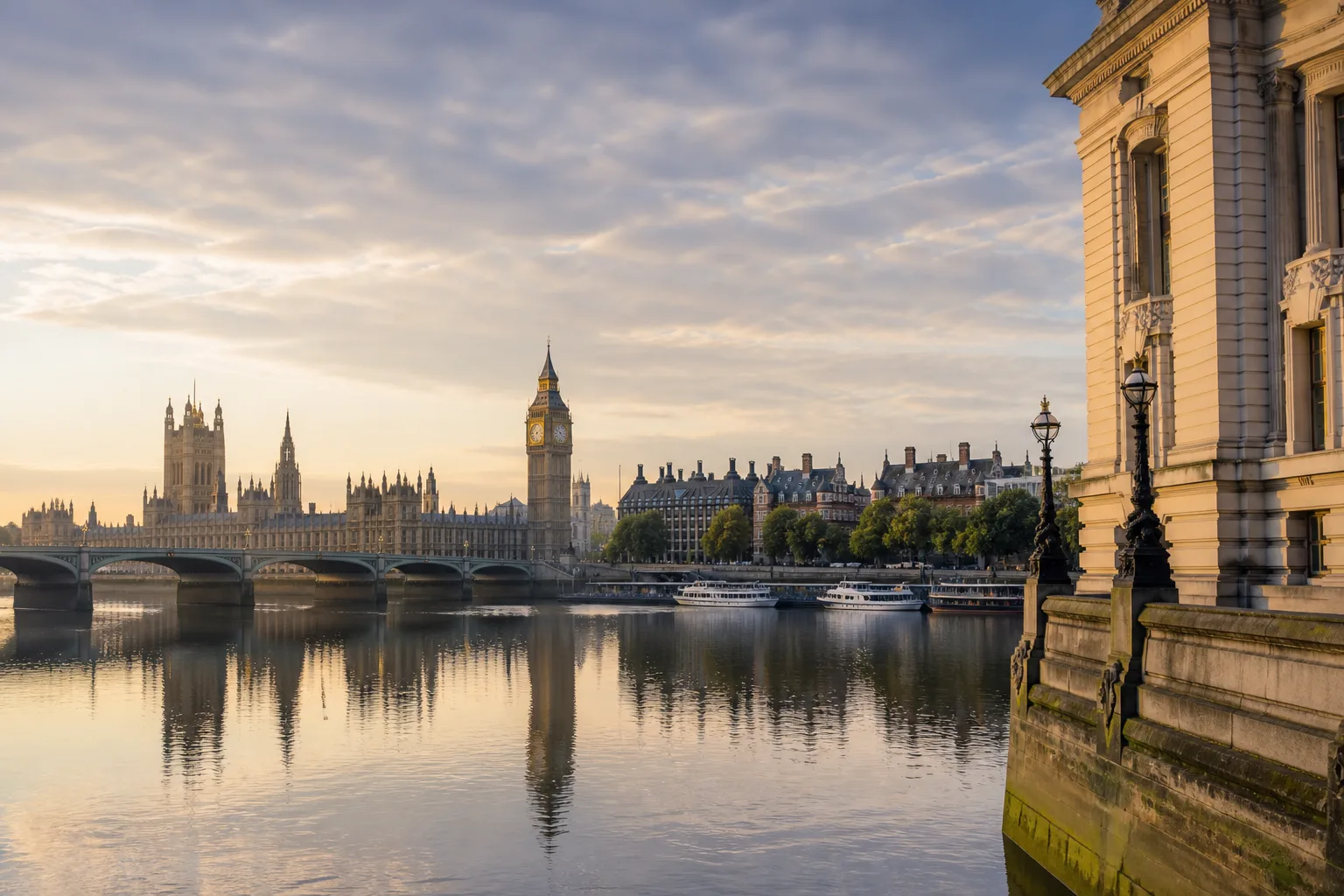 London riverside and Westminster in warm morning light
